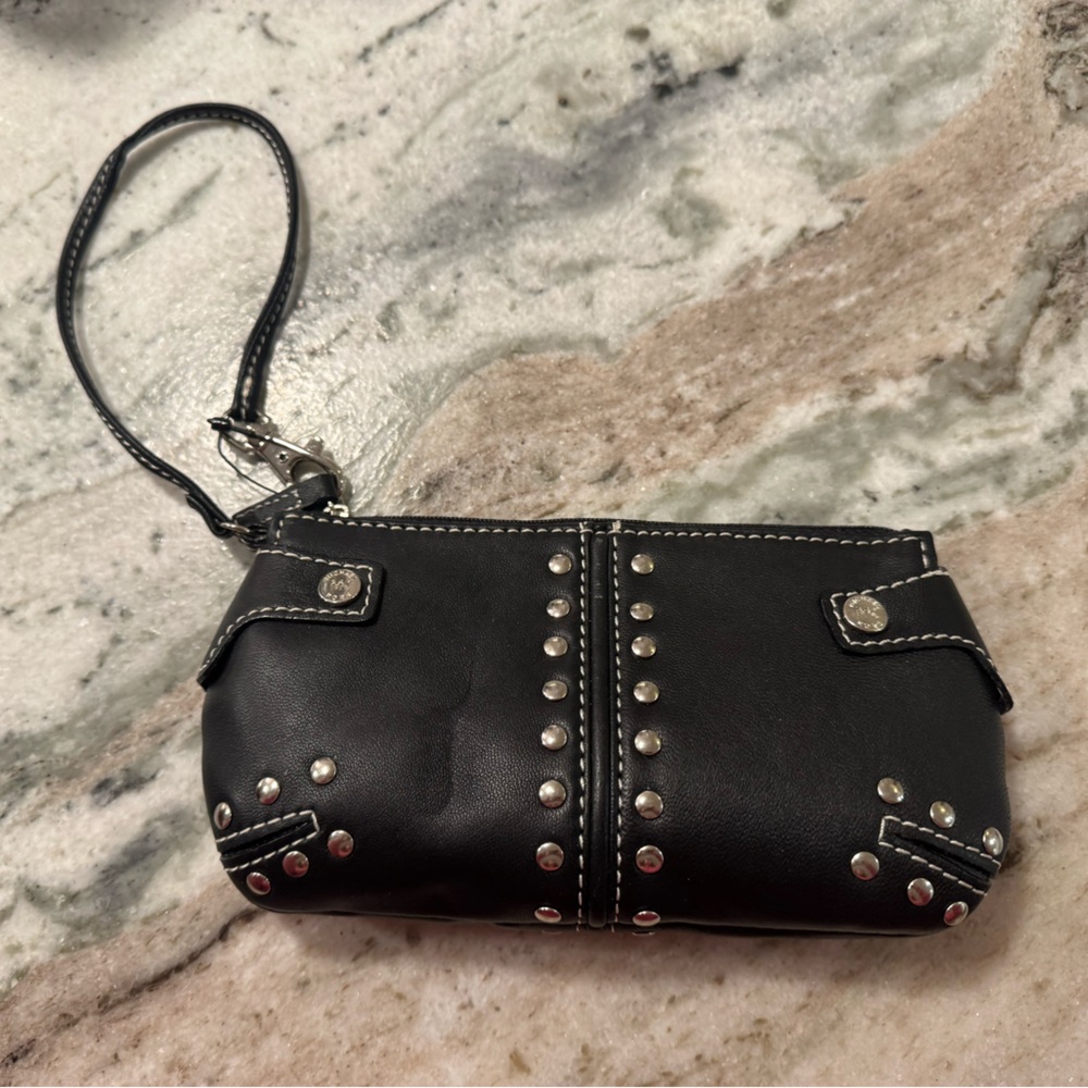 Michael Kors Black Leather Wristlet with Silver Accents